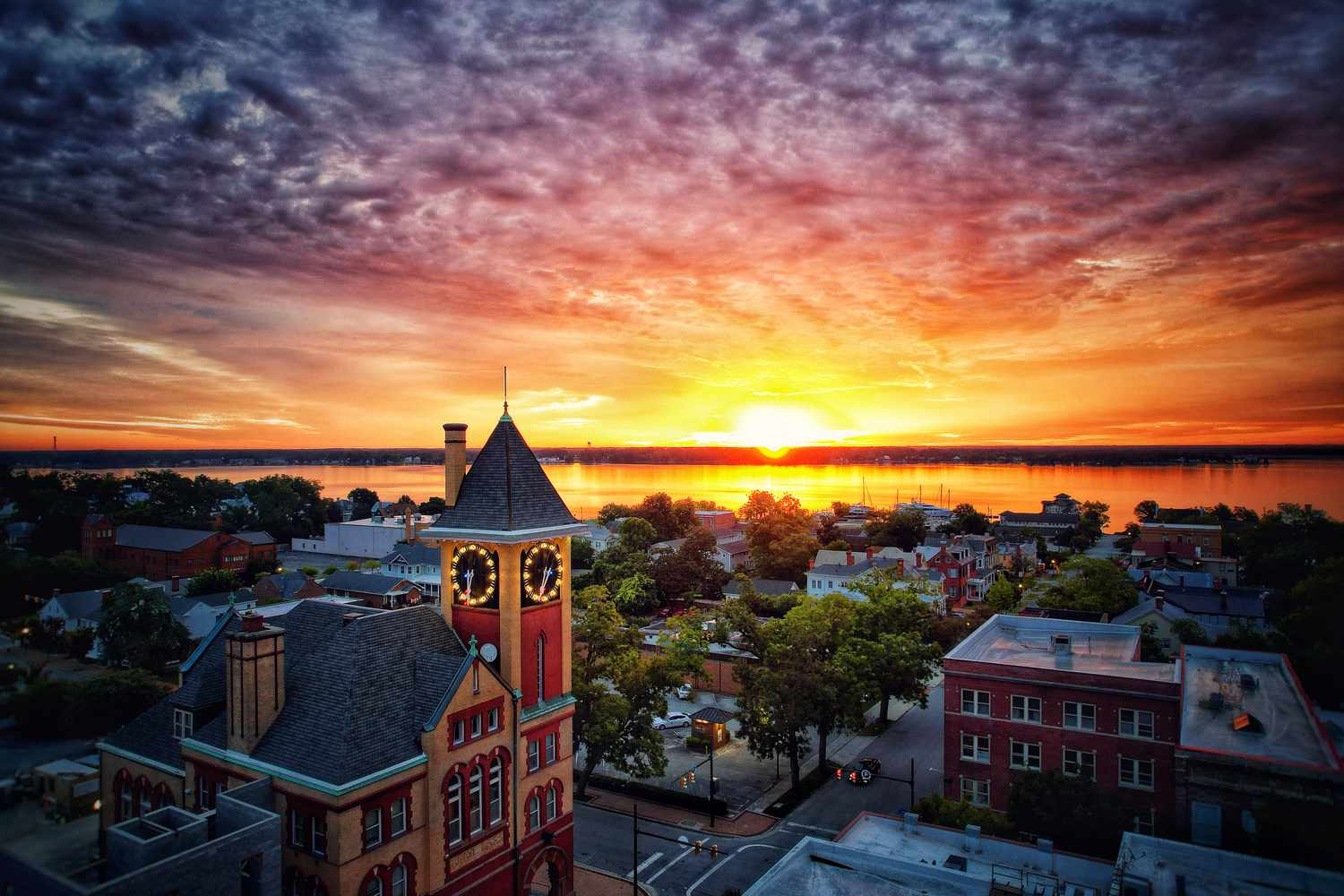 New Bern, North Carolina waterfront at golden hour